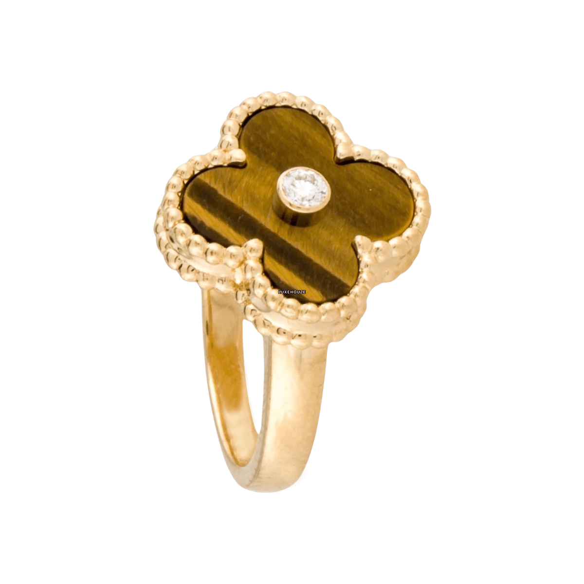 Van Cleef & Arpels Vintage Alhambra Ring 18K Yellow Gold Diamond Tiger Eye VCARD40900 